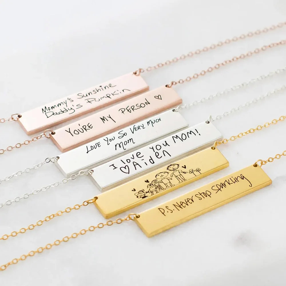 Custom Handwriting Bar Necklace – Personalized Engraved Stainless Steel Pendant Miami 305 Shirts