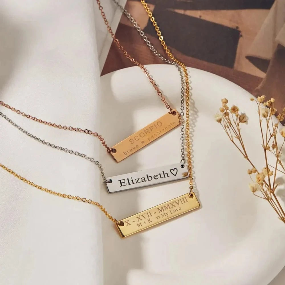 Custom Handwriting Bar Necklace – Personalized Engraved Stainless Steel Pendant
