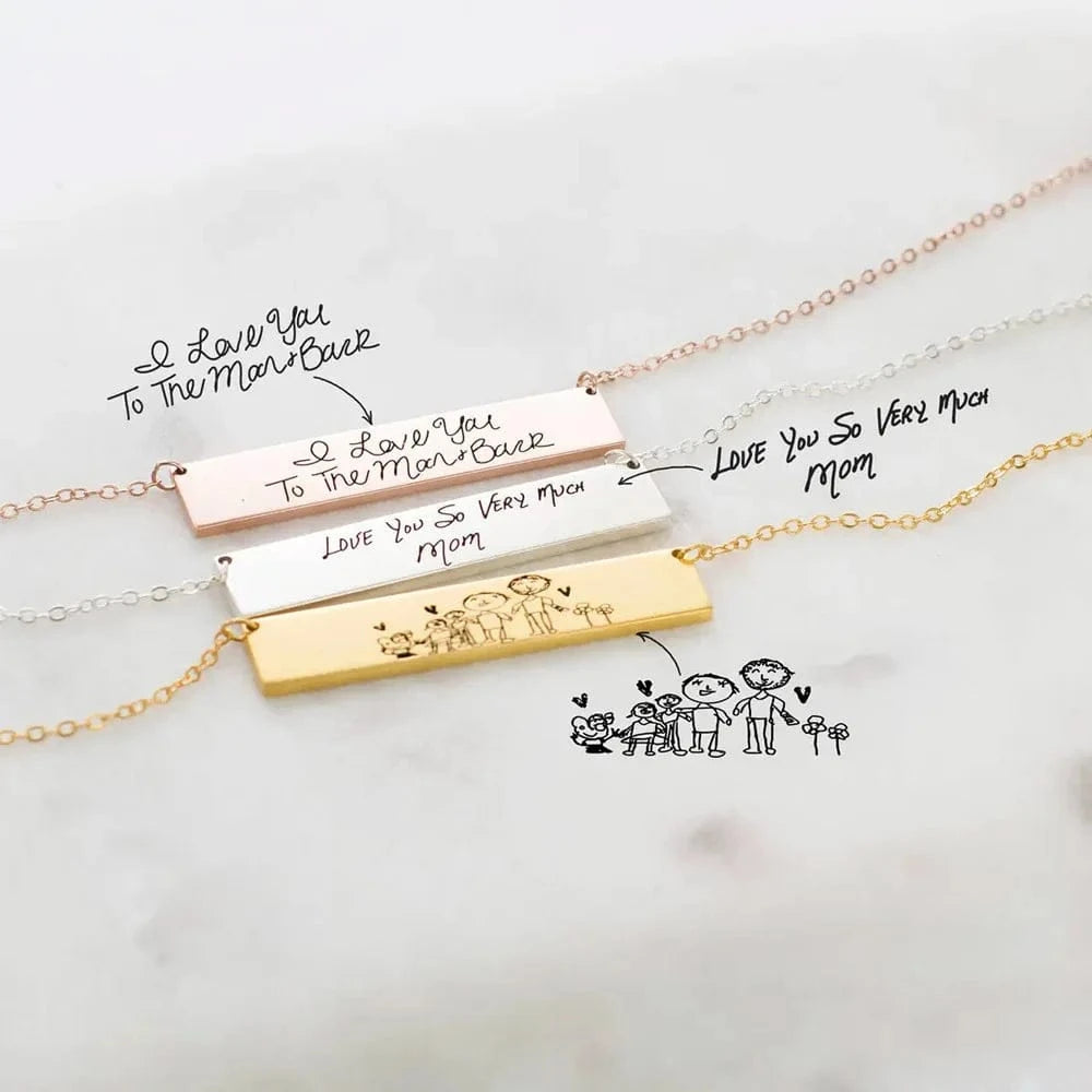 Custom Handwriting Bar Necklace – Personalized Engraved Stainless Steel Pendant