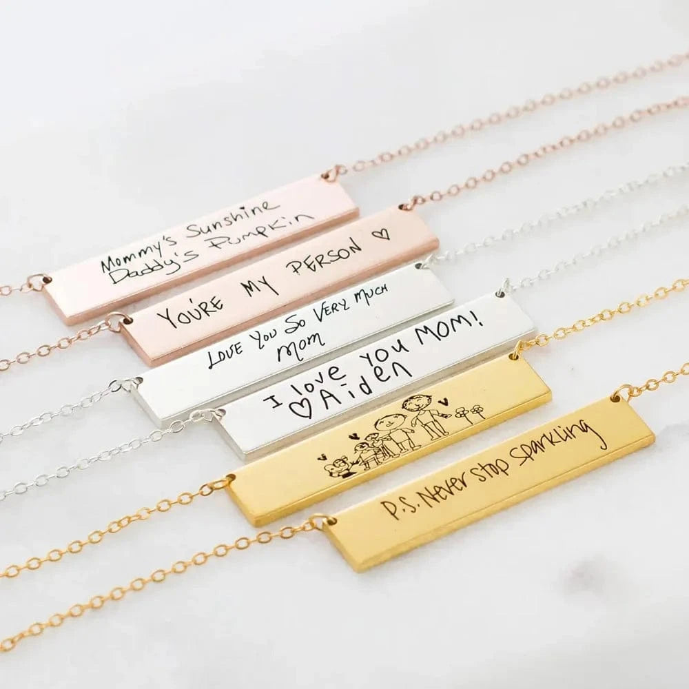 Custom Handwriting Bar Necklace – Personalized Engraved Stainless Steel Pendant