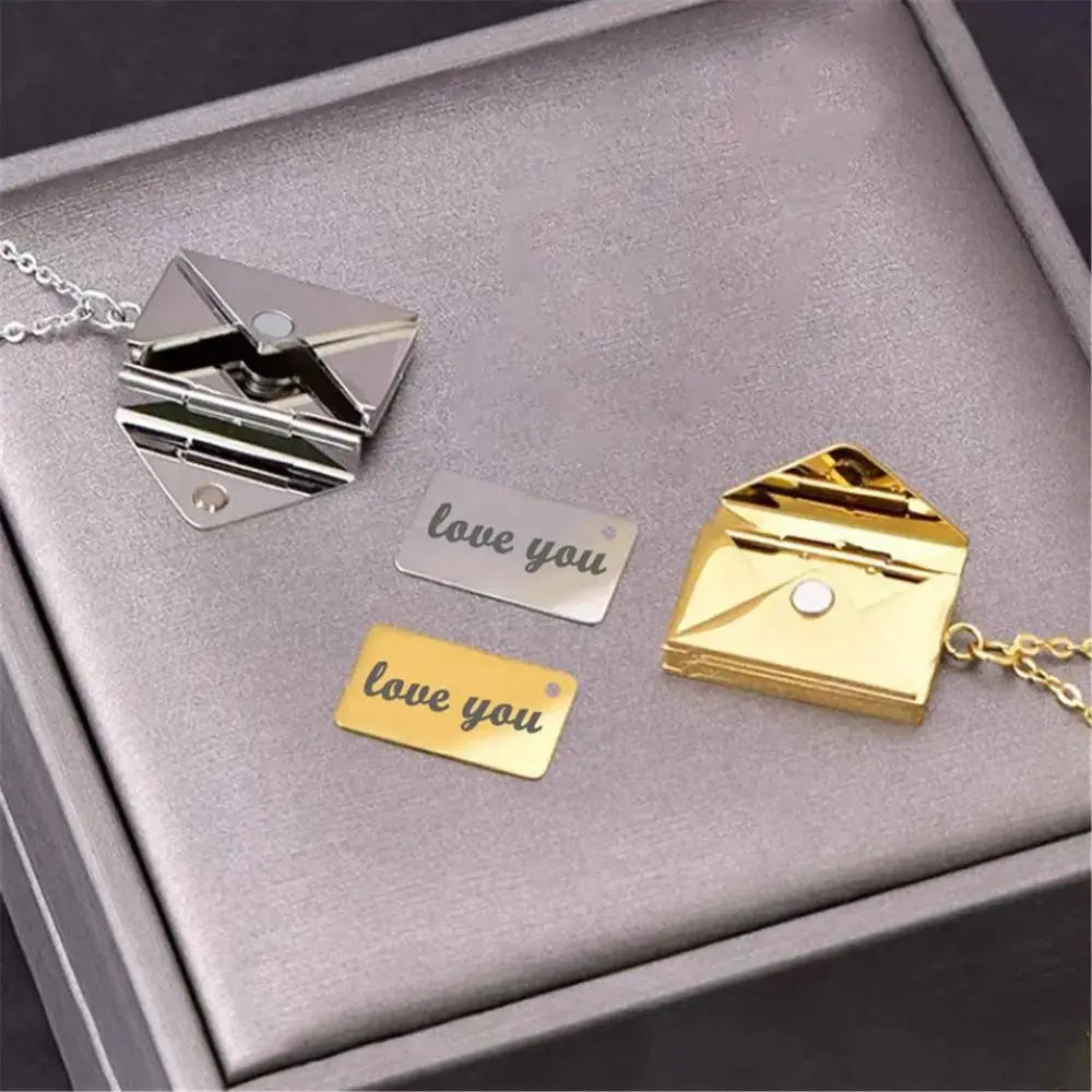 Love Letter Envelope Pendant Necklace Stainless Steel Gold Silver Rose