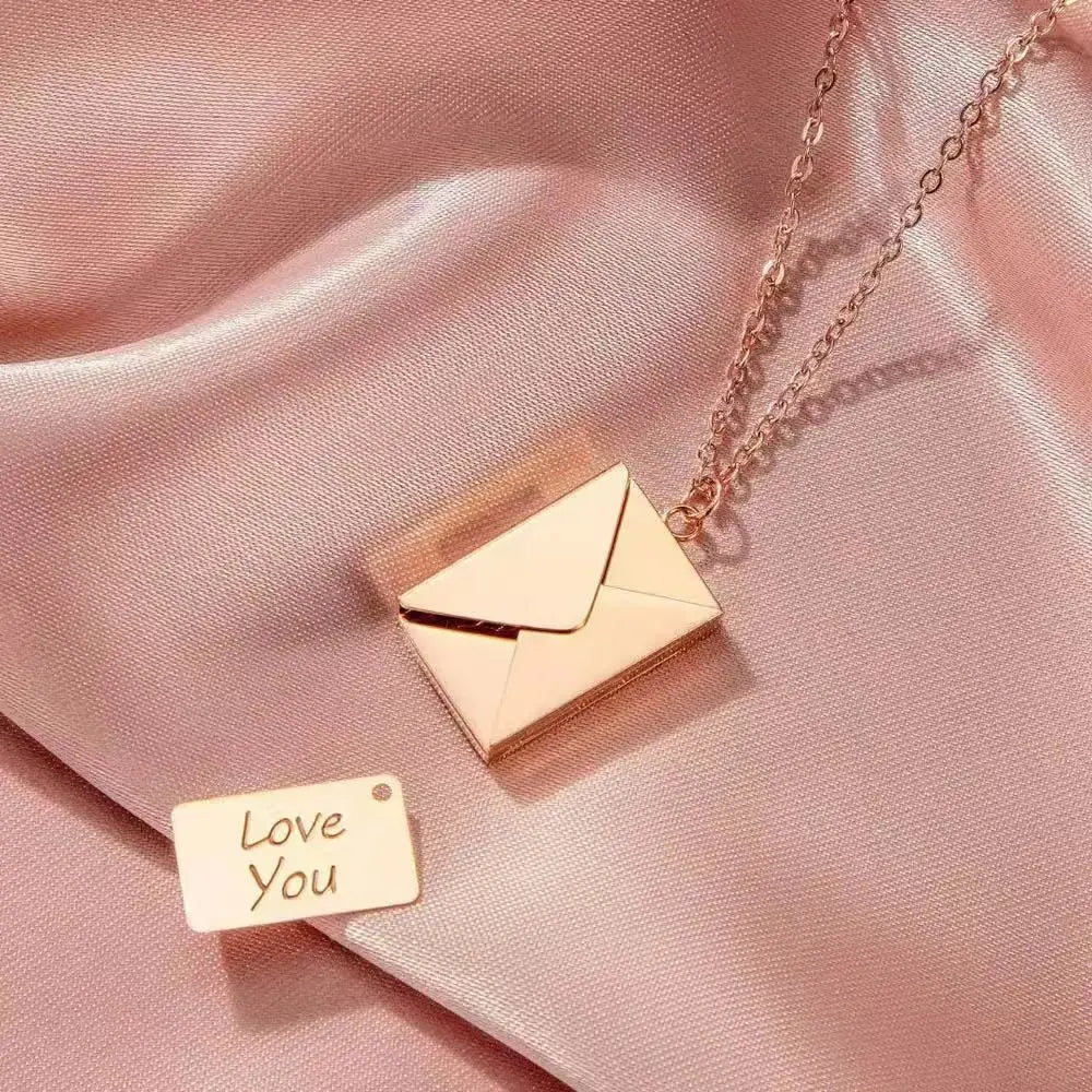 Love Letter Envelope Pendant Necklace Stainless Steel Gold Silver Rose
