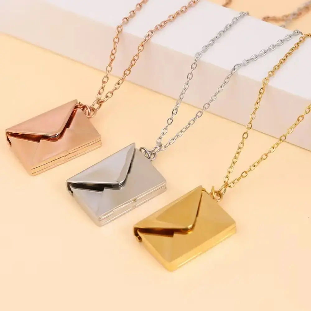 Love Letter Envelope Pendant Necklace Stainless Steel Gold Silver Rose