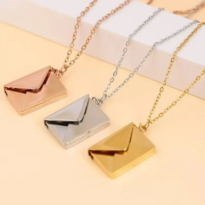 Love Letter Envelope Pendant Necklace Stainless Steel Gold Silver Rose