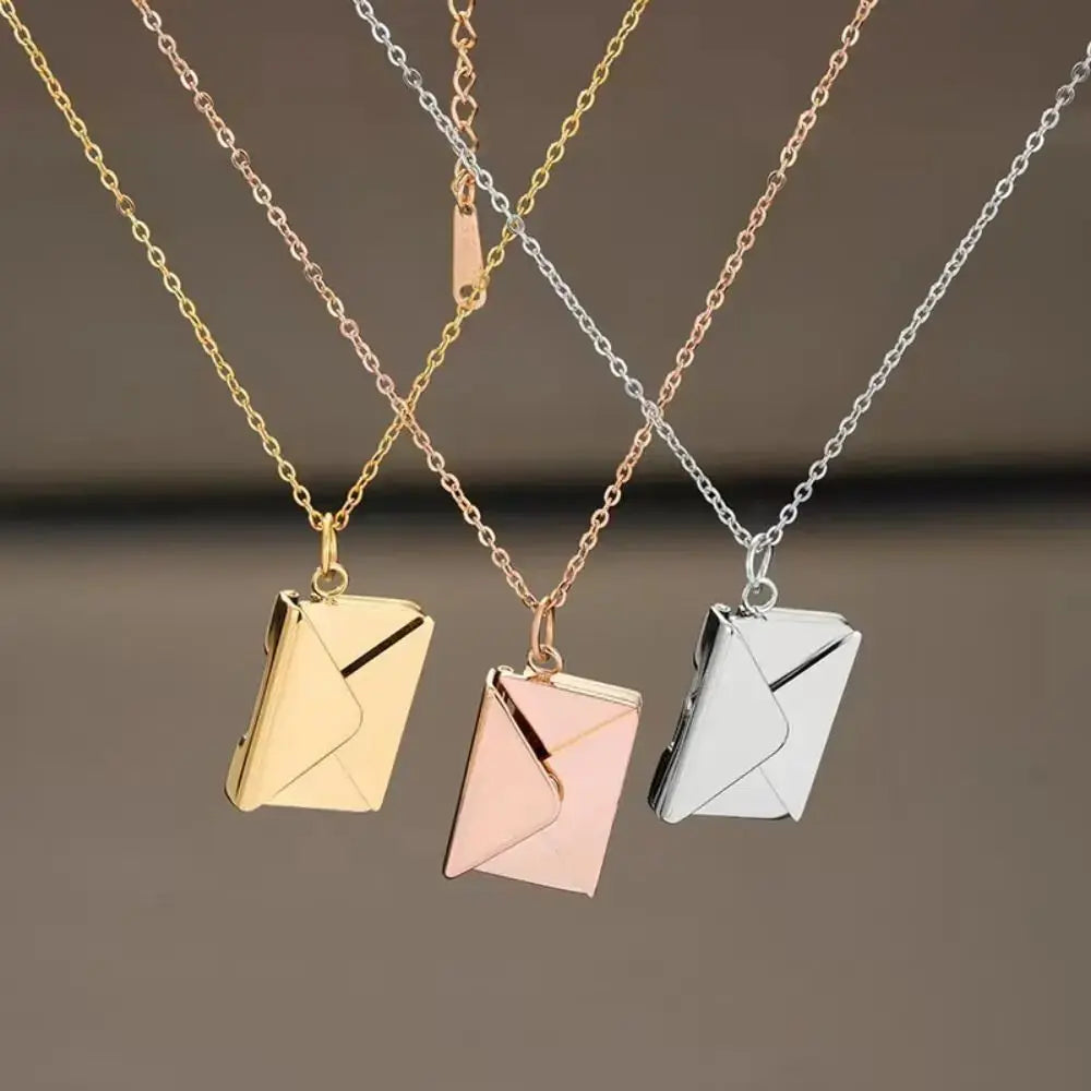 Love Letter Envelope Pendant Necklace Stainless Steel Gold Silver Rose