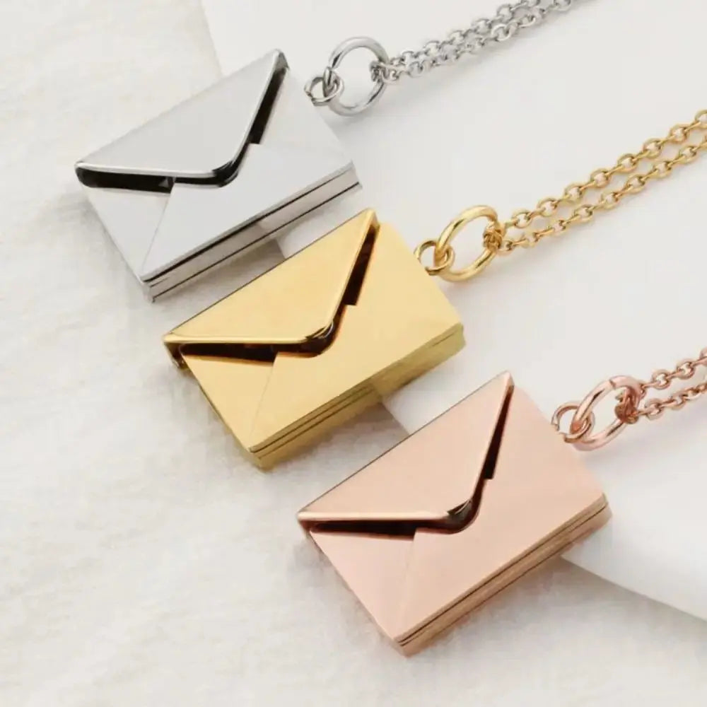 Love Letter Envelope Pendant Necklace Stainless Steel Gold Silver Rose