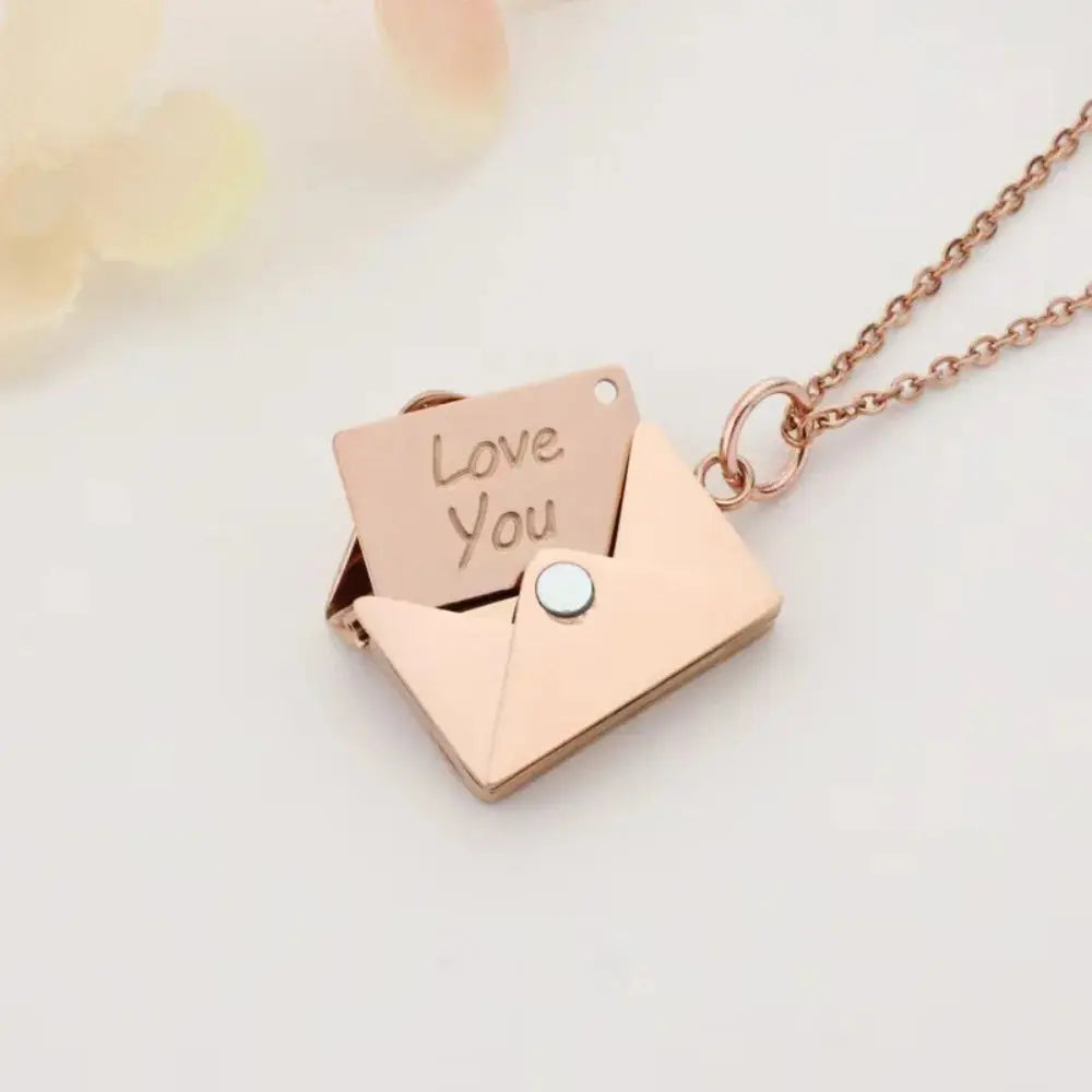 Love Letter Envelope Pendant Necklace Stainless Steel Gold Silver Rose