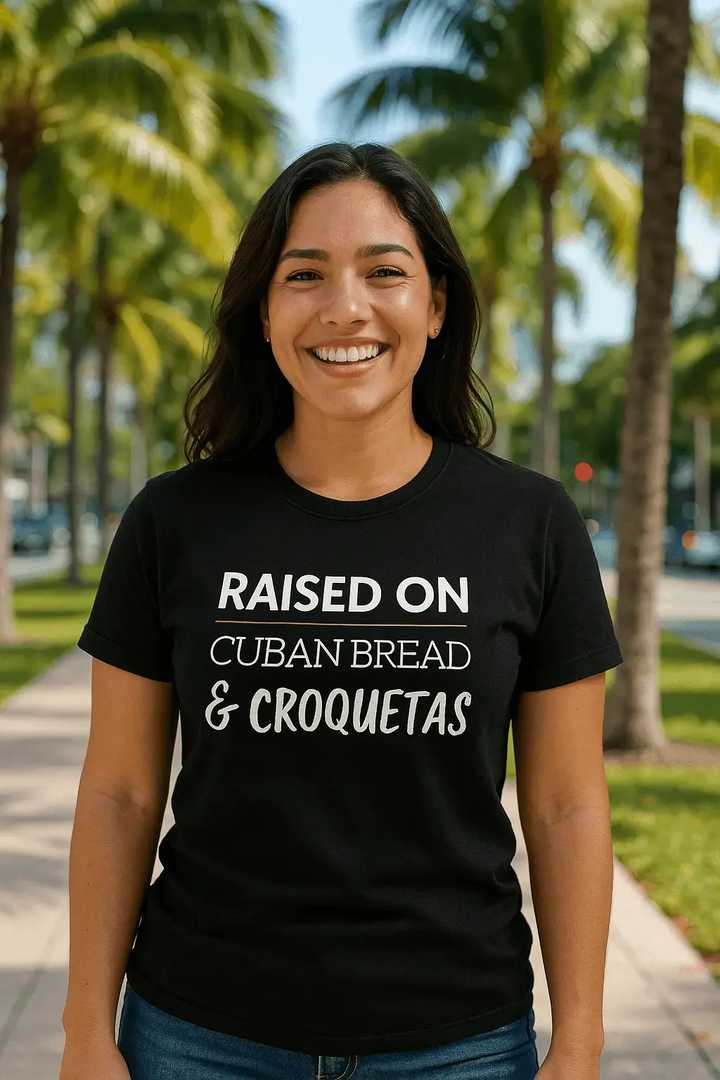 Raised on Cuban Bread and Croquetas T-Shirt – Funny Cuban Foodie Tee for Miami Natives &amp; Latinos