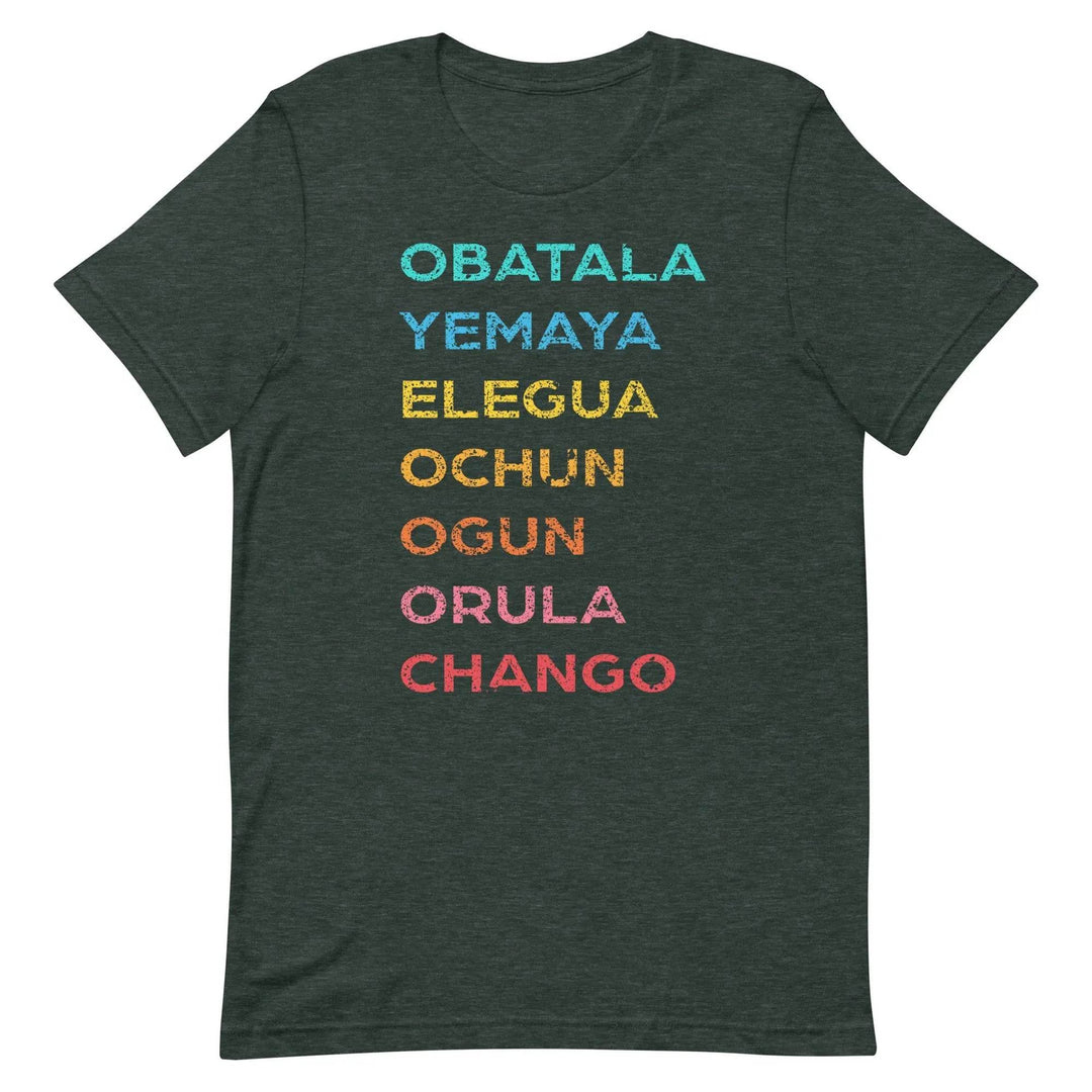 The 7 African Powers Orisha T-Shirt – Santería Spiritual Unisex Tee with Obatalá, Yemayá, Eleguá, Ochún, Orula &amp; Changó