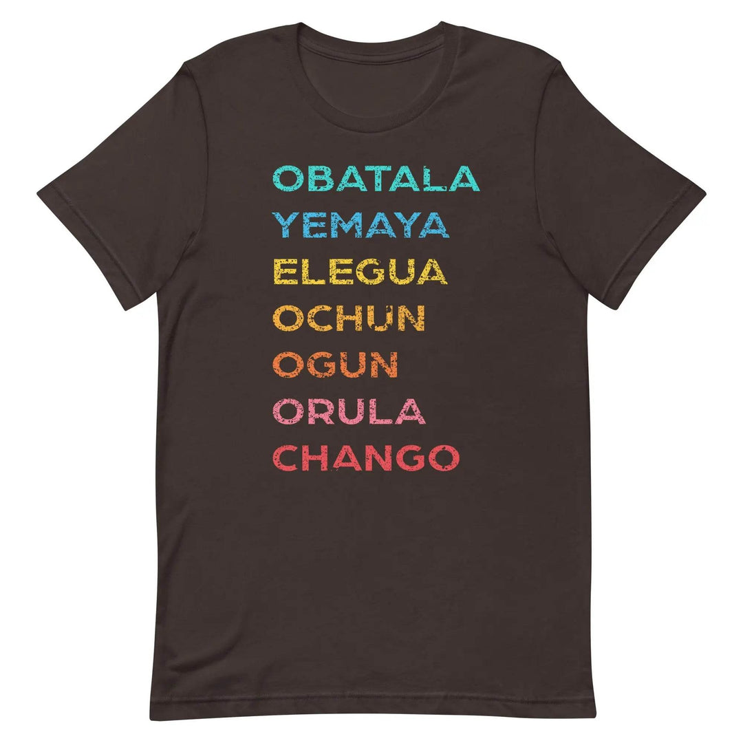 The 7 African Powers Orisha T-Shirt – Santería Spiritual Unisex Tee with Obatalá, Yemayá, Eleguá, Ochún, Orula &amp; Changó