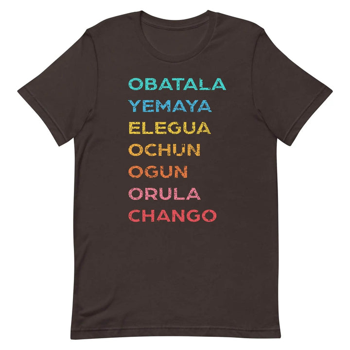 The 7 African Powers Orisha T-Shirt – Santería Spiritual Unisex Tee with Obatalá, Yemayá, Eleguá, Ochún, Orula &amp; Changó