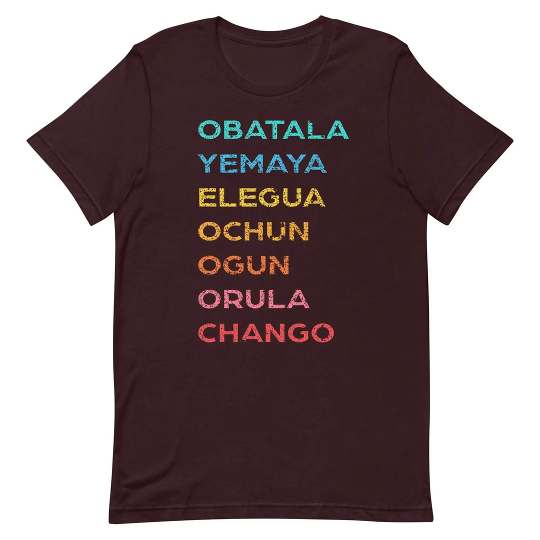 The 7 African Powers Orisha T-Shirt – Santería Spiritual Unisex Tee with Obatalá, Yemayá, Eleguá, Ochún, Orula &amp; Changó