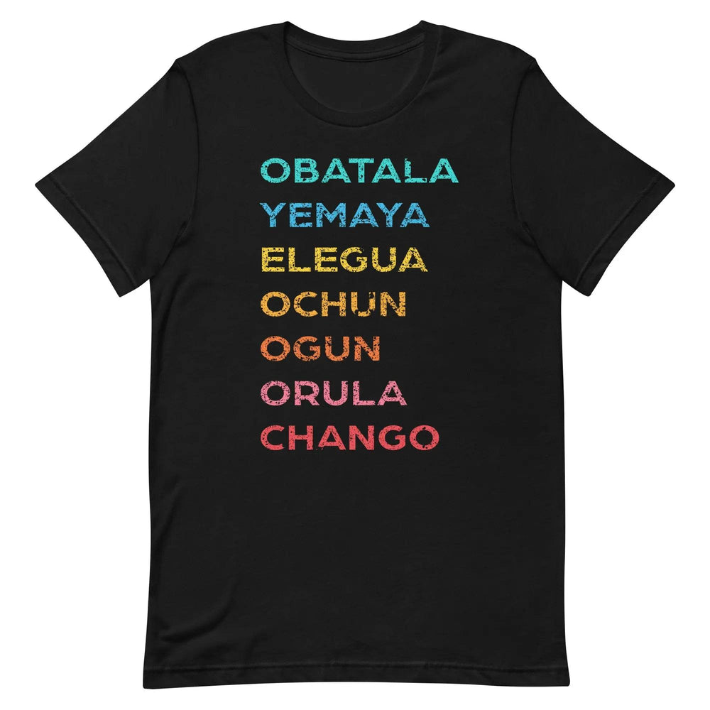 The 7 African Powers Orisha T-Shirt – Santería Spiritual Unisex Tee with Obatalá, Yemayá, Eleguá, Ochún, Orula & Changó
